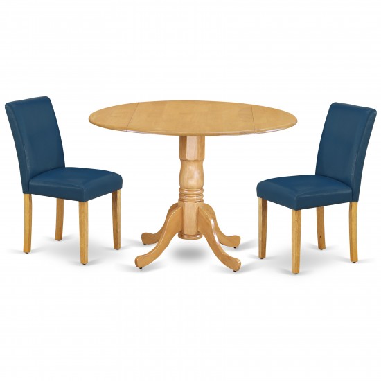 3Pc Round 42" Dining Table, Two 9-Inch Drop Leaves, Pair Of Parson Chair, Oak Leg, Pu Leather Color Oasis