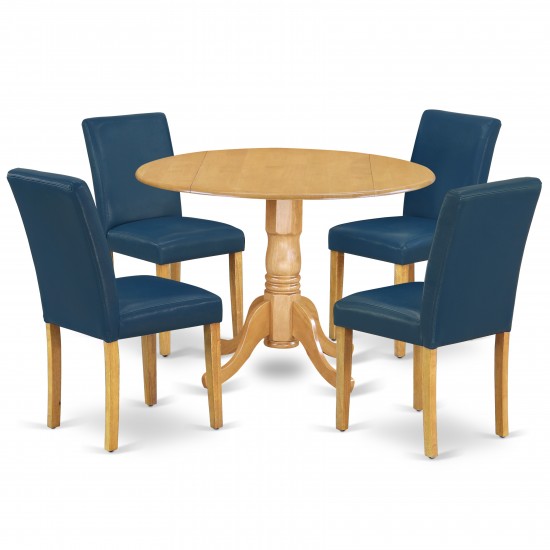 5Pc Round 42" Kitchen Table, Two 9-Inch Drop Leaves, Four Parson Chair, Oak Leg, Pu Leather Color Oasis