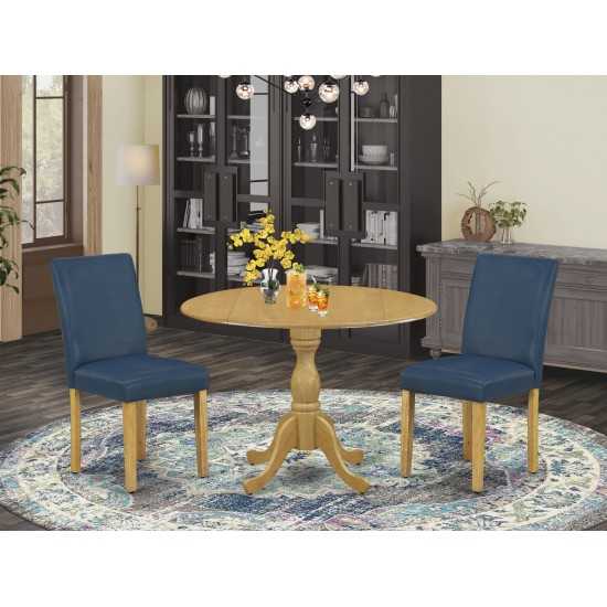 3 Pc Kitchen Set, Oak Dining Table, 2 Oasis Blue Pu Leather Dining Chairs, High Back, Oak Finish