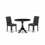 3 Pc Dining Set, 1 Drop Leaves Table, 2 Black Padded Chair, High Back, Wire Brushed Black Finish