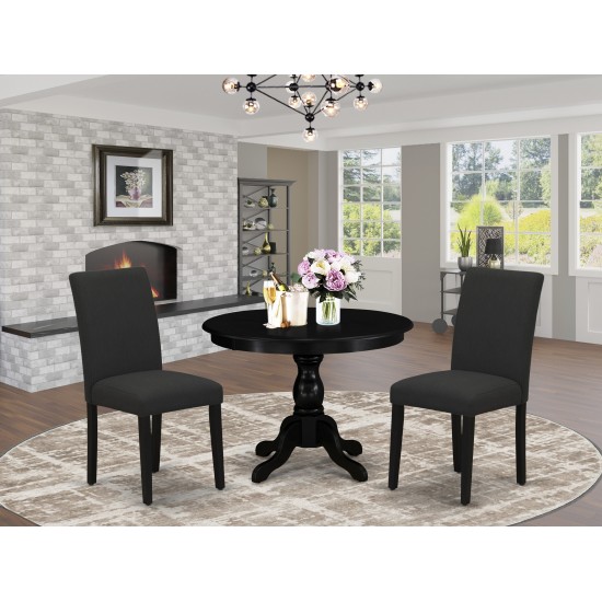 3 Pc Kitchen Set, Black Dinner Table, 2 Black Parsons Dining Chairs, High Back, Wire Brushed Black Finish
