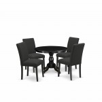 5 Pc Kitchen Set, Black Wood Dining Table, 4 Black Chairs, High Back, Wire Brushed Black Finish