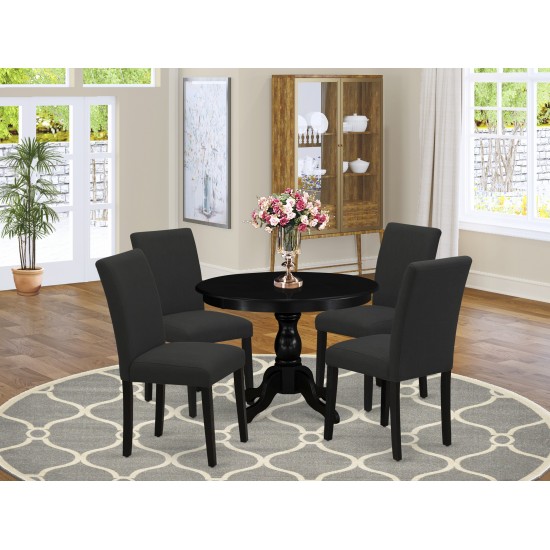 5 Pc Kitchen Set, Black Wood Dining Table, 4 Black Chairs, High Back, Wire Brushed Black Finish