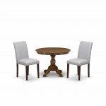 3Pc Dining Set, Acacia Walnut Round Table, 2 Grey Upholstered Chairs, Slatted Back, Acacia Walnut Finish