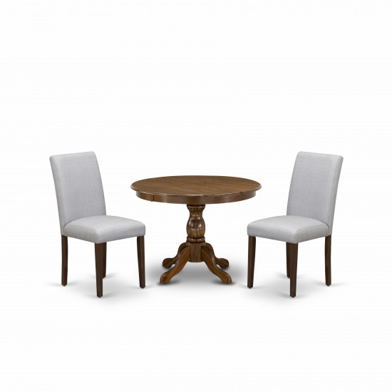 3Pc Dining Set, Acacia Walnut Round Table, 2 Grey Upholstered Chairs, Slatted Back, Acacia Walnut Finish