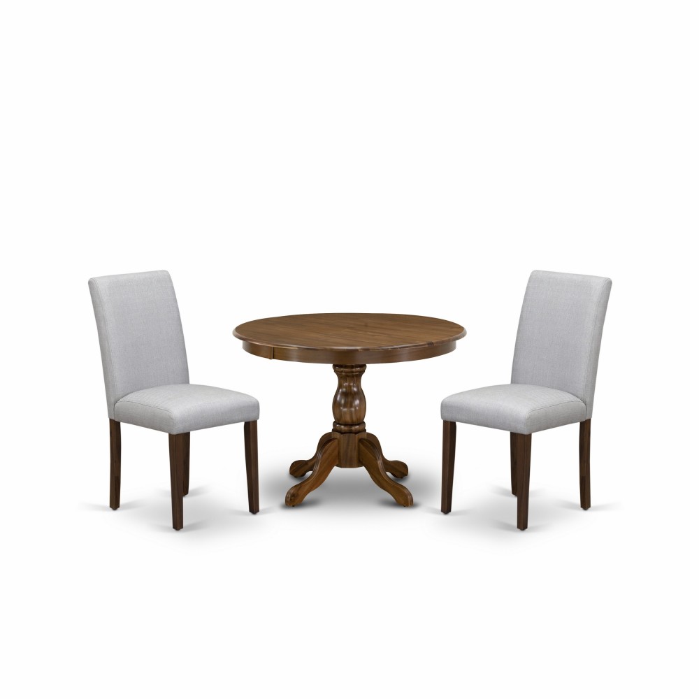 3Pc Dining Set, Acacia Walnut Round Table, 2 Grey Upholstered Chairs, Slatted Back, Acacia Walnut Finish