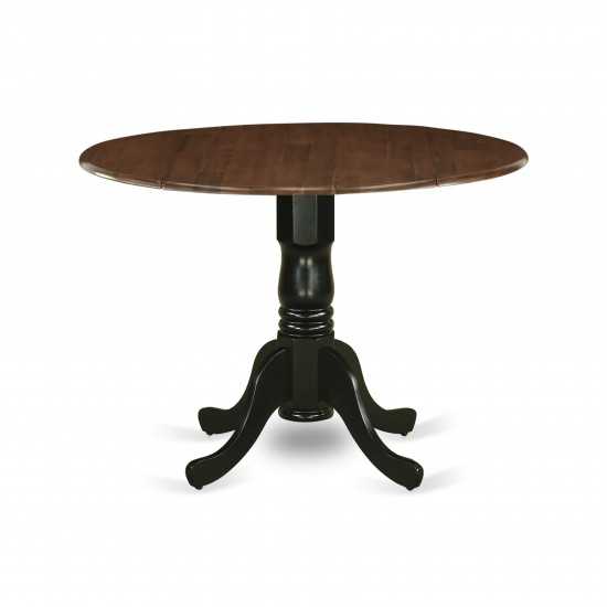 Dublin Dining Table Rubber Wood, Walnut Finish Top, Two 9" Drop Leaves, 42", Black Pedestal