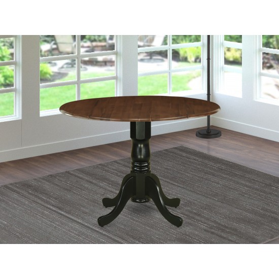 Dublin Dining Table Rubber Wood, Walnut Finish Top, Two 9" Drop Leaves, 42", Black Pedestal