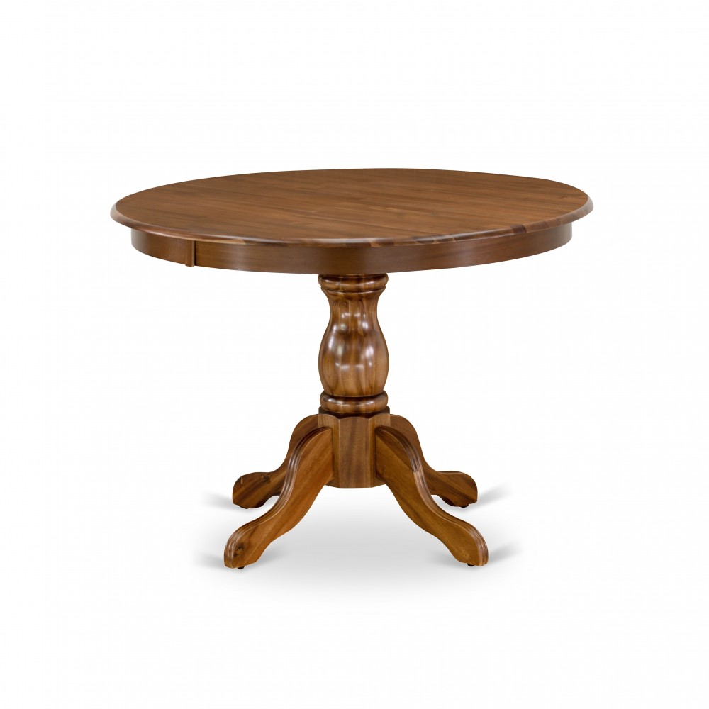 Dining Table, Acacia Walnut Color Top Surface, Asian Wood Table Pedestal Legs, Acacia Walnut Finish