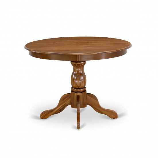 Dining Table, Acacia Walnut Color Top Surface, Asian Wood Table Pedestal Legs, Acacia Walnut Finish