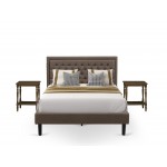 3 Pc Bed Set, 1 Platform Queen Bed Frame Brown Padded, Button Tufted Headboard, 2 Nightstand, Black Legs