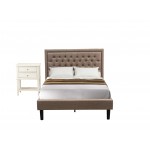 2 Pc Wood Bedroom Set, 1 Platform Bed Dark Khaki Padded, Button Tufted Headboard, 1 Night Stand, Drawers, Black Legs