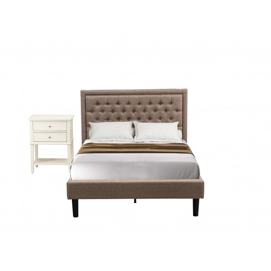 2 Pc Wood Bedroom Set, 1 Platform Bed Dark Khaki Padded, Button Tufted Headboard, 1 Night Stand, Drawers, Black Legs