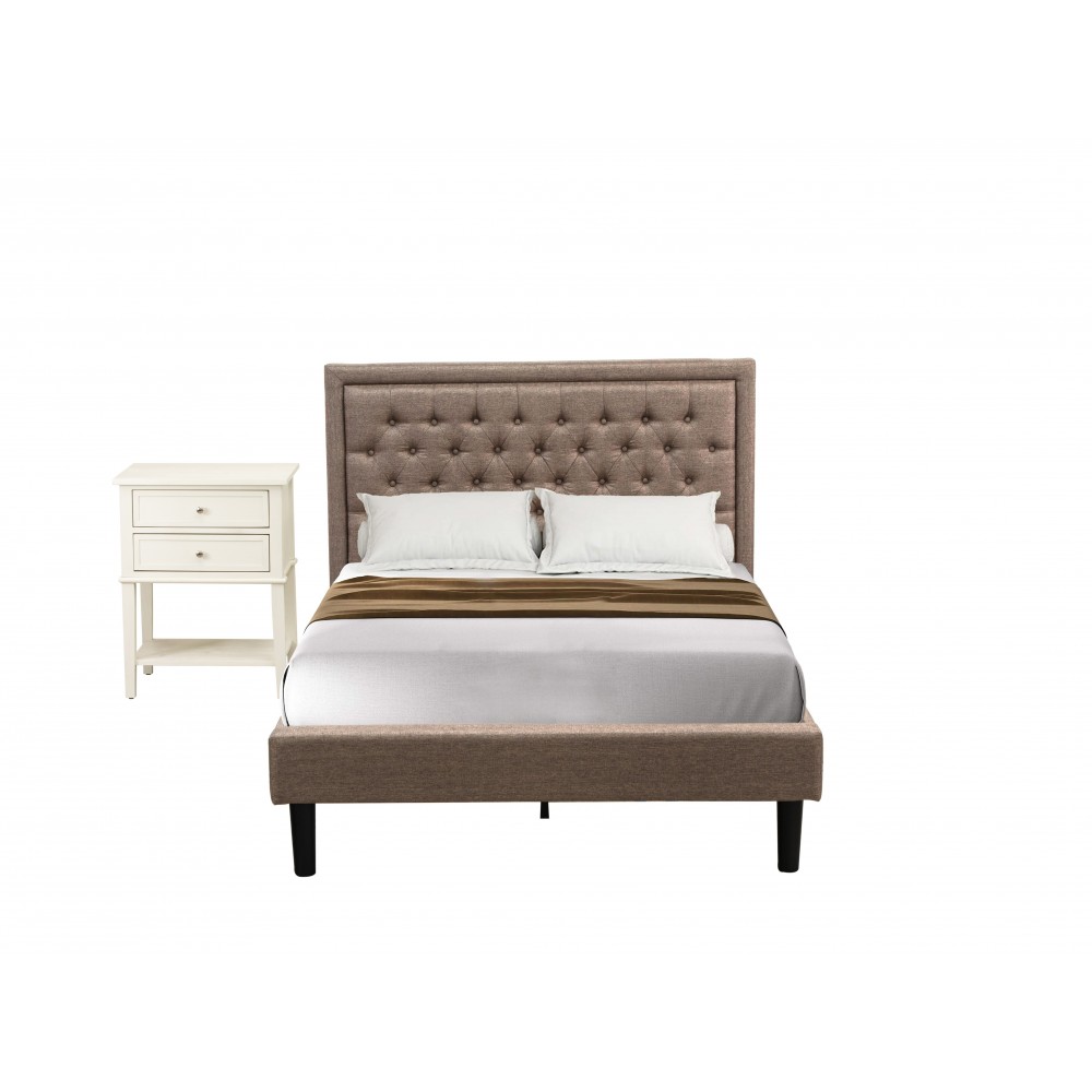 2 Pc Wood Bedroom Set, 1 Platform Bed Dark Khaki Padded, Button Tufted Headboard, 1 Night Stand, Drawers, Black Legs