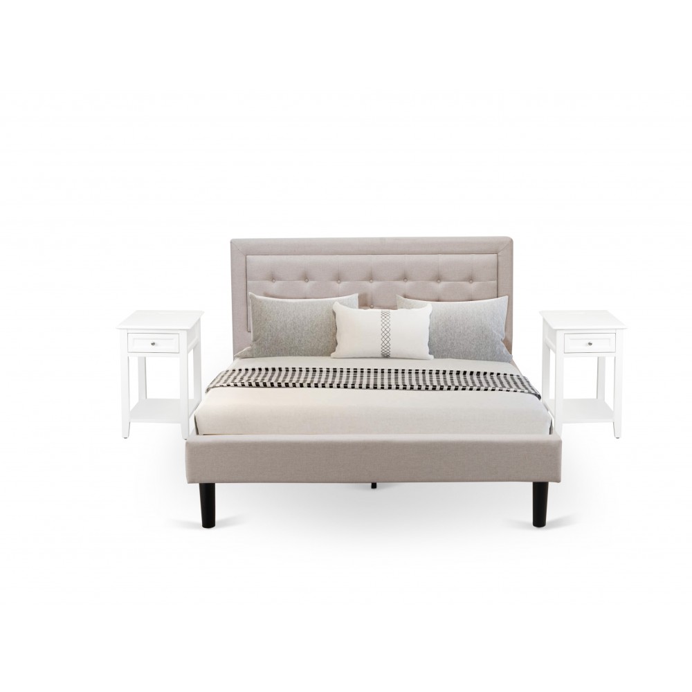 3Pc Platform Queen Bedroom Set, 1 Upholstered Bed, 2 Small Nightstands Mist Beige