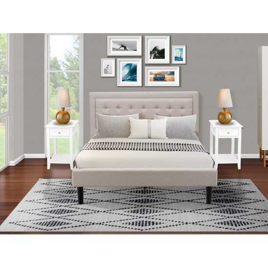 3Pc Platform Queen Bedroom Set, 1 Upholstered Bed, 2 Small Nightstands Mist Beige