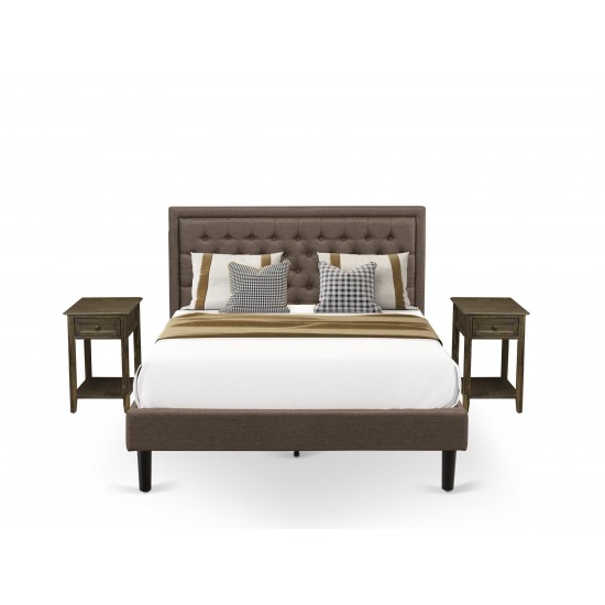 3 Pc Bed Set, 1 Bed Frame Brown Padded, Button Tufted Headboard, 2 Nightstand, Wooden Drawer, Black Legs