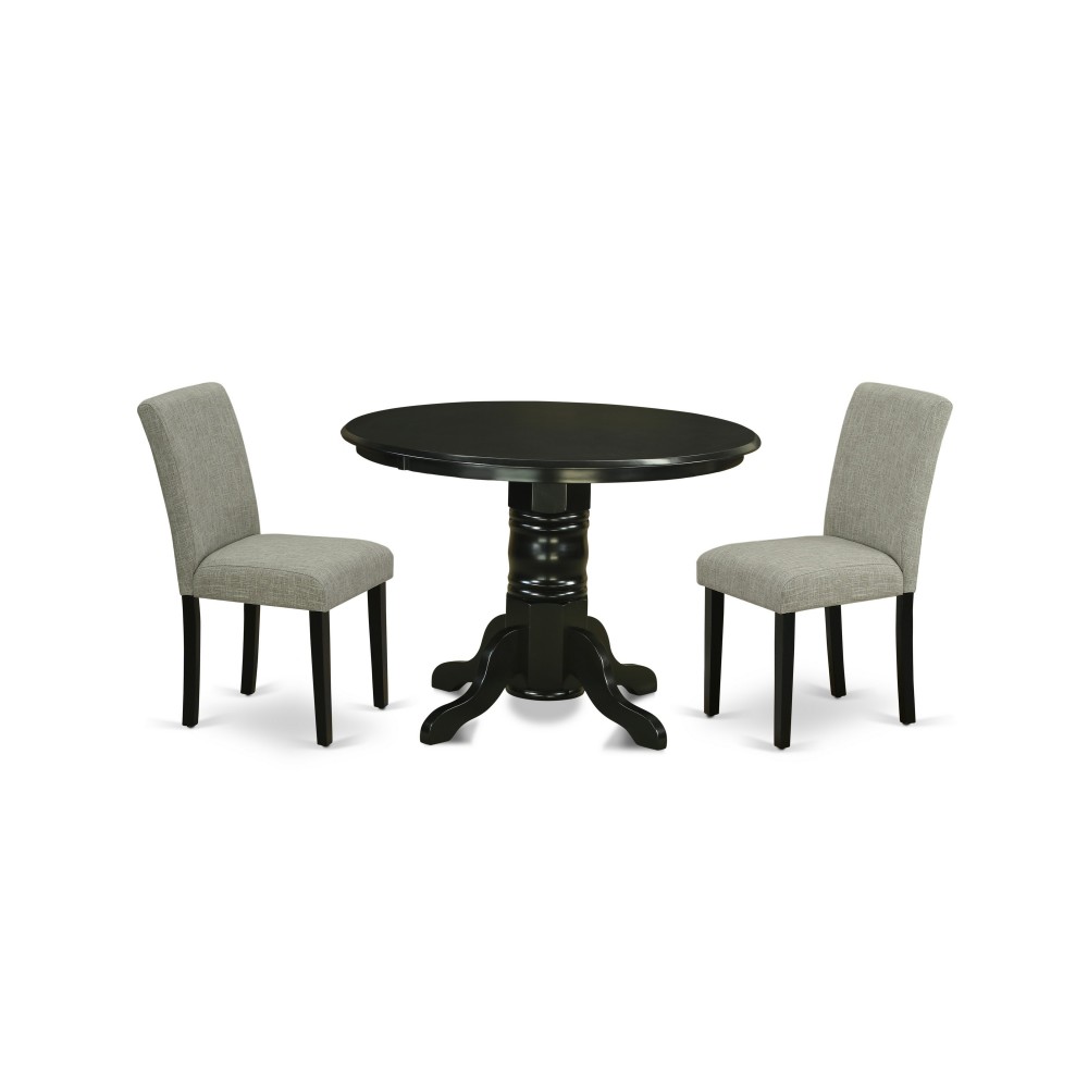 3Pc Round 42" Dining Room Table, Two Parson Chair, Black Leg, Fabric Shitake