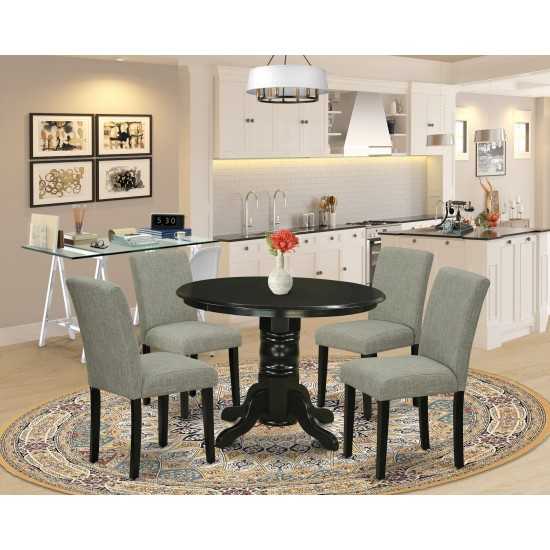 5Pc Rounded 42" Dining Table, Four Parson Chair, Black Leg, Fabric Shitake