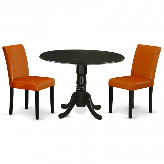 3Pc Round 42" Dining Table, Two 9-Inch Drop Leaves, 2 Parson Chair, Black Leg, Pu Leather Color Baked Bean