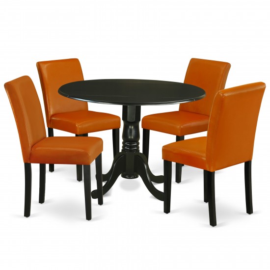 5Pc Round 42" Kitchen Table, Two 9-Inch Drop Leaves, Four Parson Chair, Black Leg, Pu Leather Color Baked Bean