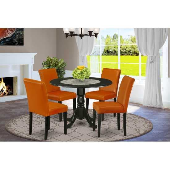 5Pc Round 42" Kitchen Table, Two 9-Inch Drop Leaves, Four Parson Chair, Black Leg, Pu Leather Color Baked Bean