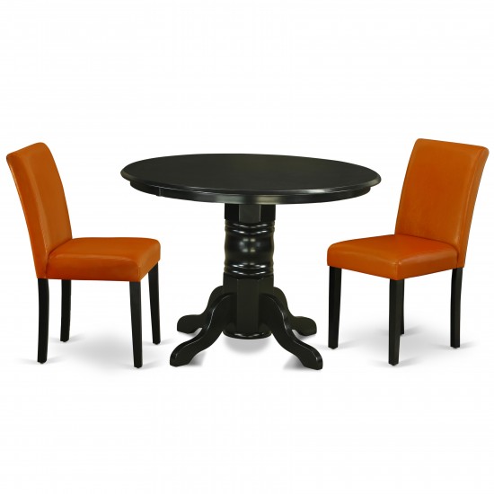 3Pc Round 42" Dining Table, Two Parson Chair, Black Leg, Pu Leather Color Baked Bean