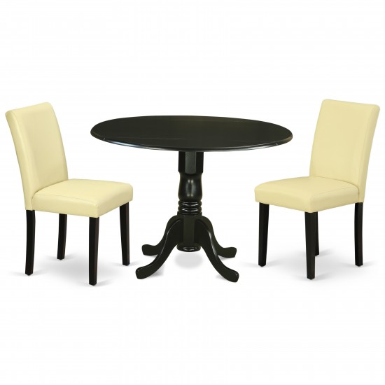 3Pc Round 42" Dining Table, Two 9-Inch Drop Leaves, 2 Parson Chair, Black Leg, Pu Leather Color Eggnog