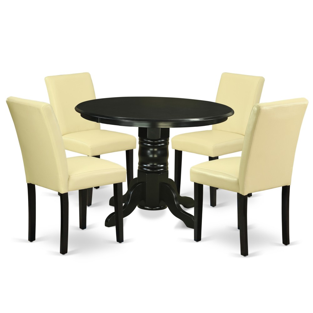 5Pc Rounded 42" Dining Table, Four Parson Chair, Black Leg, Pu Leather Color Eggnog