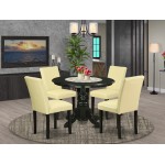 5Pc Rounded 42" Dining Table, Four Parson Chair, Black Leg, Pu Leather Color Eggnog