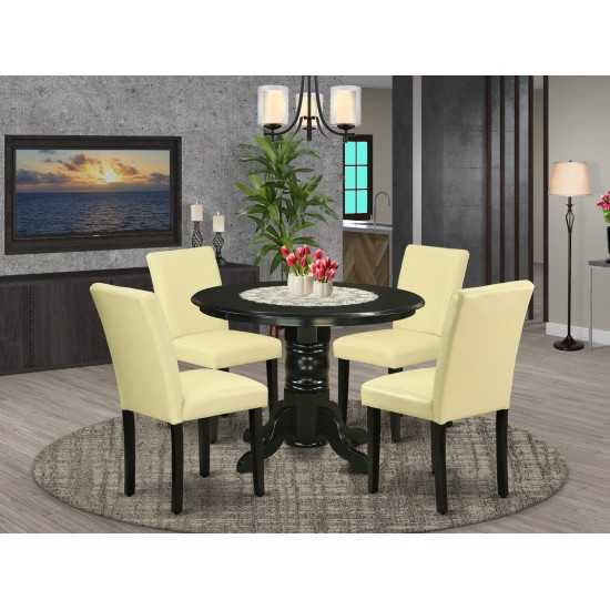 5Pc Rounded 42" Dining Table, Four Parson Chair, Black Leg, Pu Leather Color Eggnog