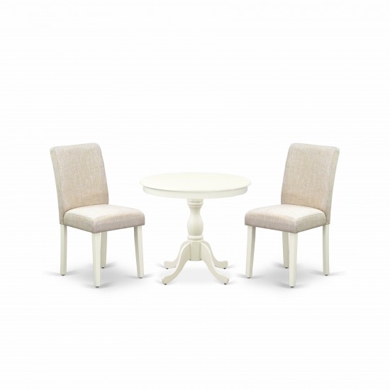 3 Pc Kitchen Set, 1 Pedestal Dining Table, 2 Light Beige Parson Dining Chairs, High Back, Linen White Finish