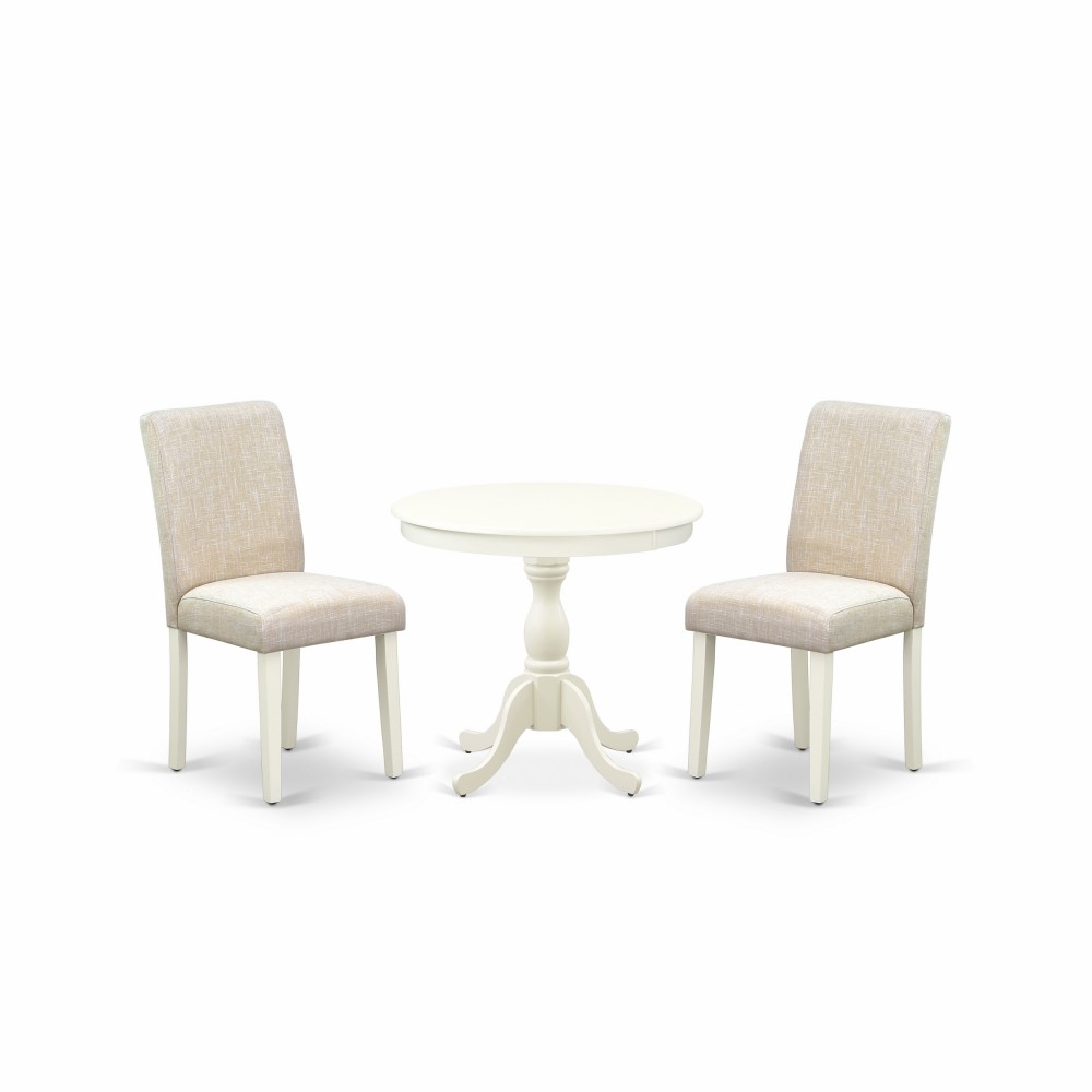 3 Pc Kitchen Set, 1 Pedestal Dining Table, 2 Light Beige Parson Dining Chairs, High Back, Linen White Finish 3 Pc Kitchen Set, 1 Pedestal Dining Table, 2 Light Beige Parson Dining Chairs, High Back, Linen White Finish