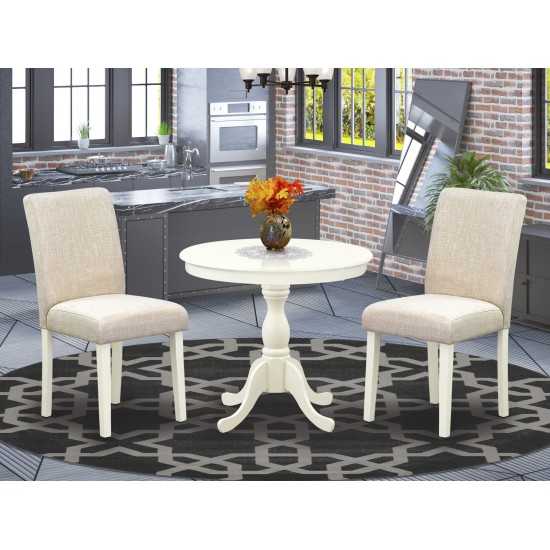 3 Pc Kitchen Set, 1 Pedestal Dining Table, 2 Light Beige Parson Dining Chairs, High Back, Linen White Finish