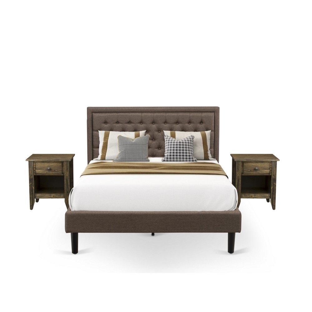 3Pc Bed Set, 1 Queen Size Bed Frame Brown, Headboard, 2 Nightstand, Black Legs