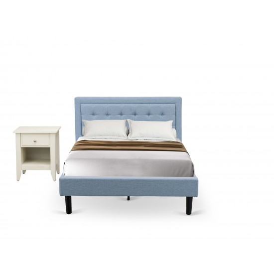 2-Pc Platform Full Bedroom Set, 1 Full Bed Frame, Night Stand, Denim Blue