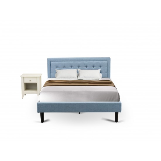 2Pc Fannin Bed Set, 1 Queen Size Frame, End Table For Bedroom, Denim Blue