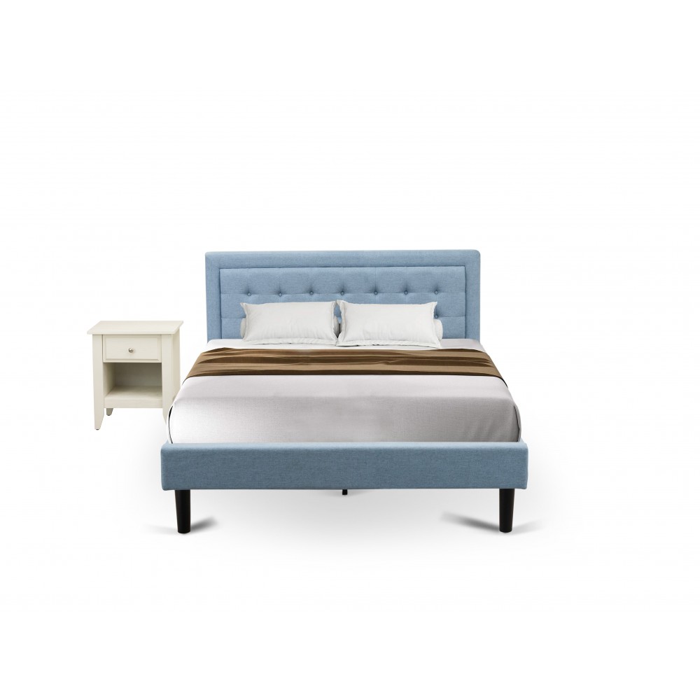2Pc Fannin Bed Set, 1 Queen Size Frame, End Table For Bedroom, Denim Blue