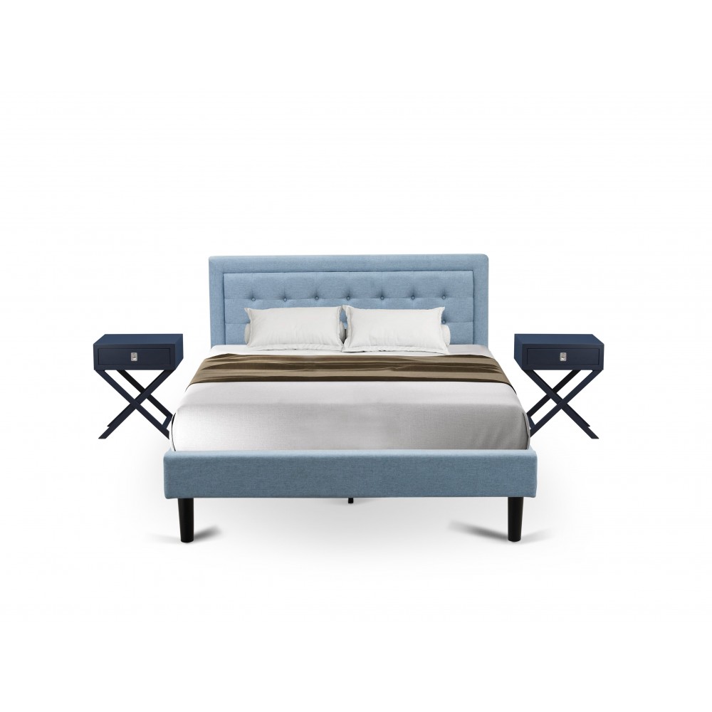 3Pc Fannin Wooden Set For Bedroom, 1 Platform Bed Frame, 2 Nightstands, Denim Blue