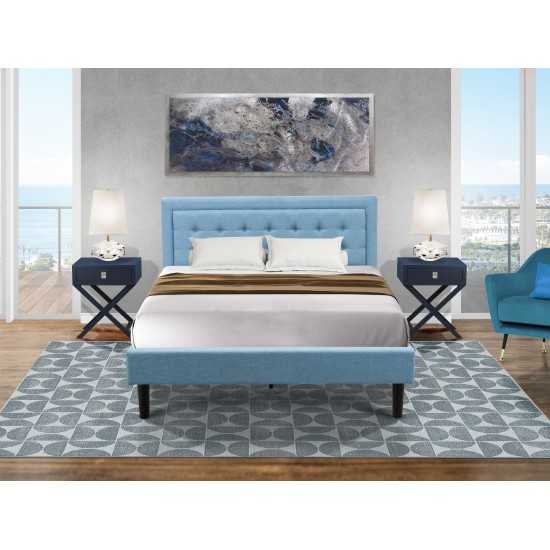 3Pc Fannin Wooden Set For Bedroom, 1 Platform Bed Frame, 2 Nightstands, Denim Blue