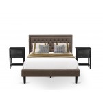 3 Pc Queen Size Bed Set, 1 Queen Platform Bed Brown, Headboard, 2 Small Nightstand, Woodens, Black Legs