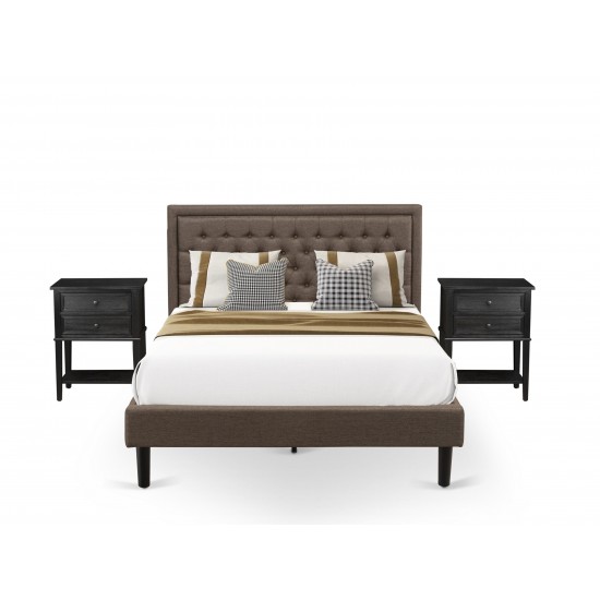 3 Pc Queen Size Bed Set, 1 Queen Platform Bed Brown, Headboard, 2 Small Nightstand, Woodens, Black Legs