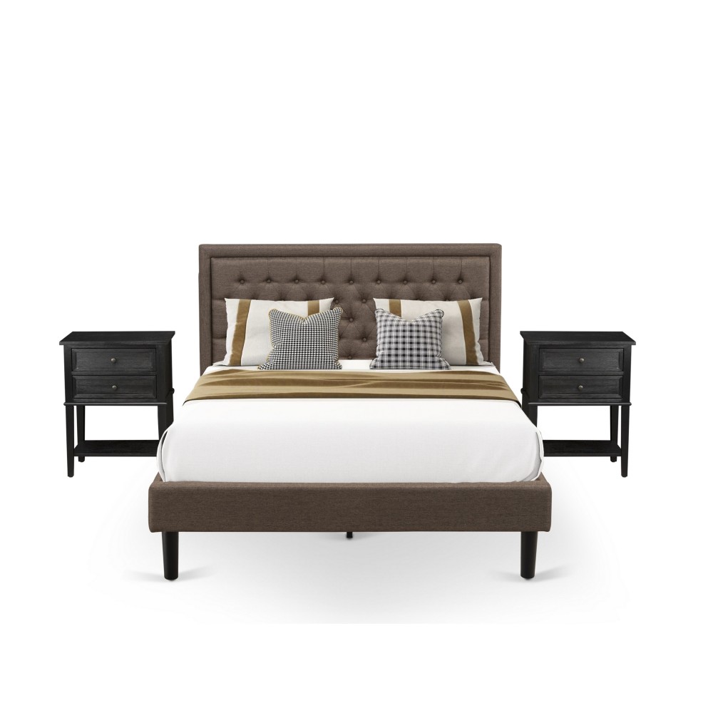 3 Pc Queen Size Bed Set, 1 Queen Platform Bed Brown, Headboard, 2 Small Nightstand, Woodens, Black Legs