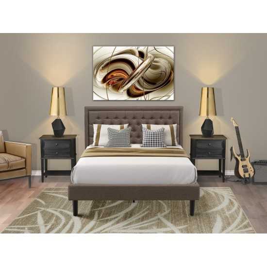 3 Pc Queen Size Bed Set, 1 Queen Platform Bed Brown, Headboard, 2 Small Nightstand, Woodens, Black Legs