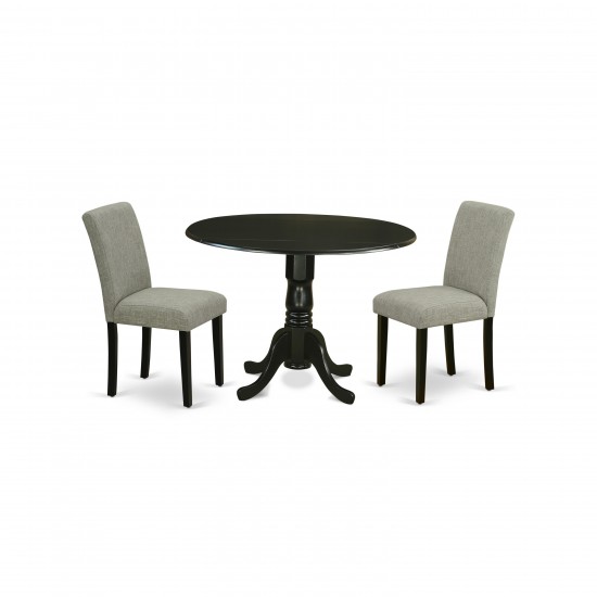 3Pc Round 42" Dining Table, Two 9-Inch Drop Leaves, 2 Parson Chair, Black Leg, Shitake