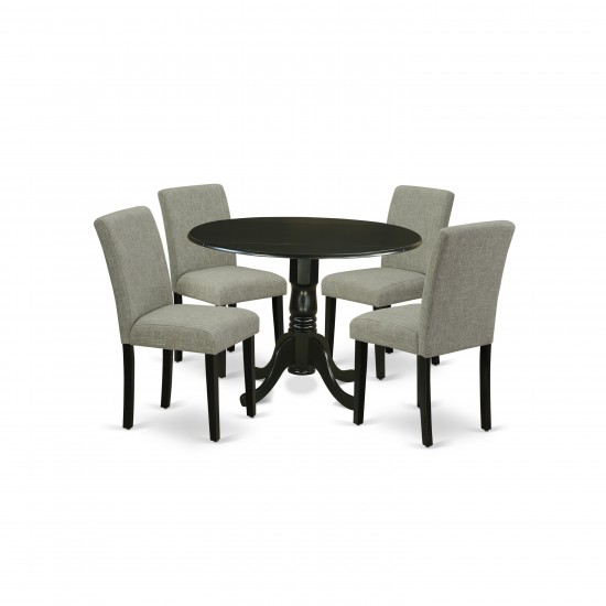 5Pc Round 42" Kitchen Table, Two 9-Inch Drop Leaves, Four Parson Chair, Black Leg, Shitake