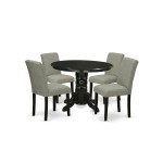 5Pc Rounded 42" Dining Table, Four Parson Chair, Black Leg, Fabric Shitake