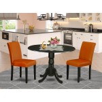 3Pc Round 42" Dining Table, Two 9-Inch Drop Leaves, 2 Parson Chair, Black Leg, Pu Leather Color Baked Bean