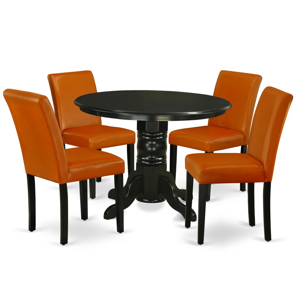 5Pc Rounded 42" Dining Table, Four Parson Chair, Black Leg, Pu Leather Color Baked Bean