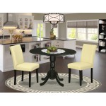 3Pc Round 42" Dining Table, Two 9-Inch Drop Leaves, 2 Parson Chair, Black Leg, Pu Leather Color Eggnog